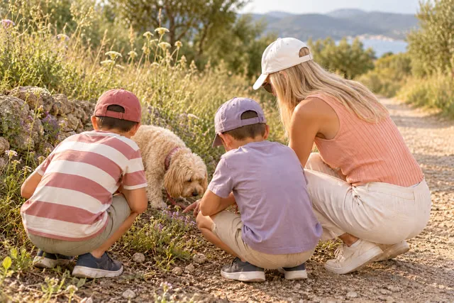 Stefanie mit ihren beiden von hinten gezeigten Jungs und Bella in der Natur