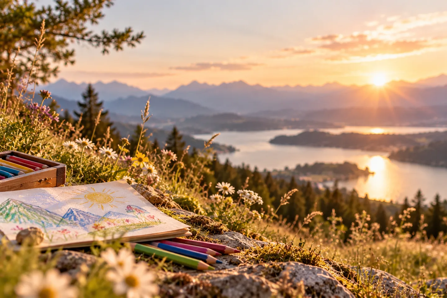 Buntstifte und eine Kinderzeichnung vor einer Berg- und Seenlandschaft im Abendlicht