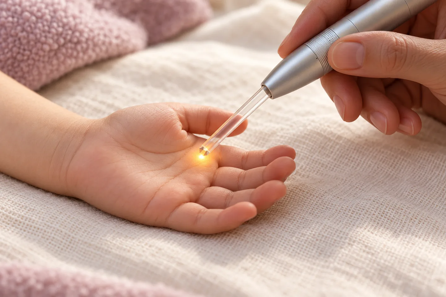 Farblicht auf einer Kinderhand mit einem Leuchtstift und transparentem Glasaufsatz