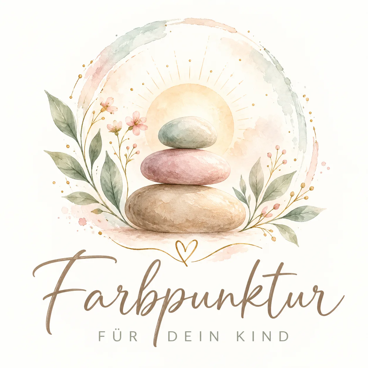 Aquarellmotiv mit Steinen, Sonne und Pflanzen. Farbpunktur für dein Kind.