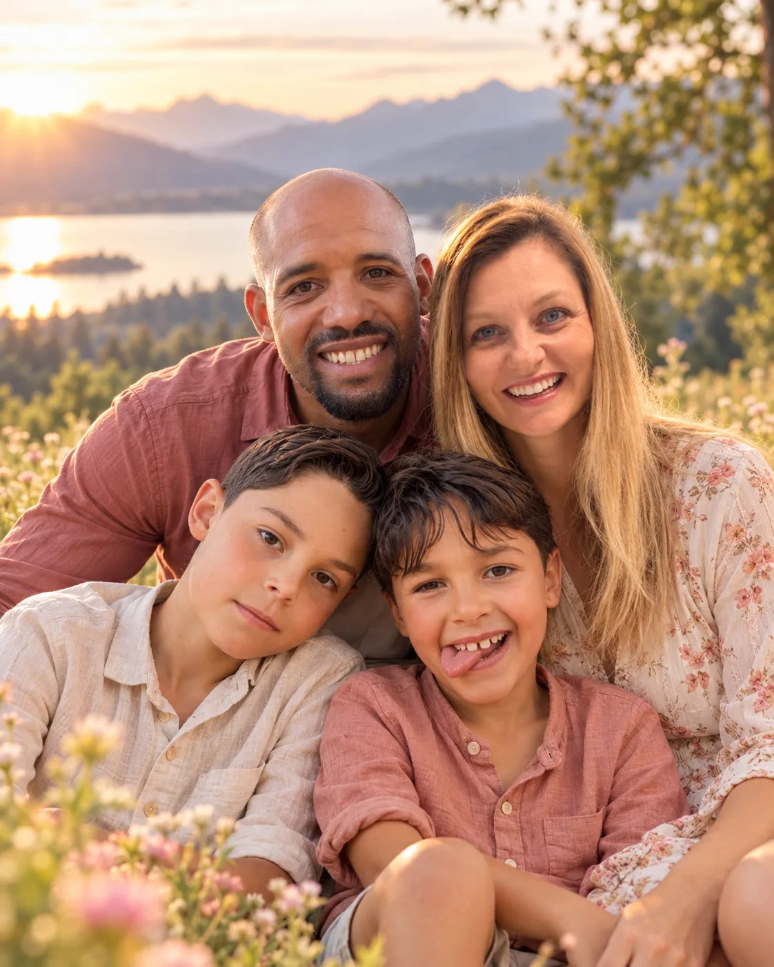 Stefanie mit ihrem Mann und ihren beiden Jungs vor einer Berg- und Seenlandschaft